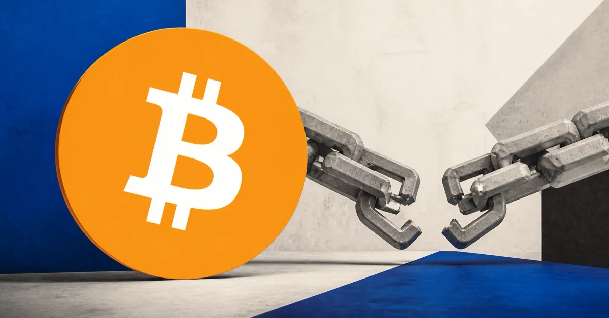 Large official orange Bitcoin logo beside a greyscale unbranded concrete block chain split in two on off-white, charcoal and cobalt editorial panels.