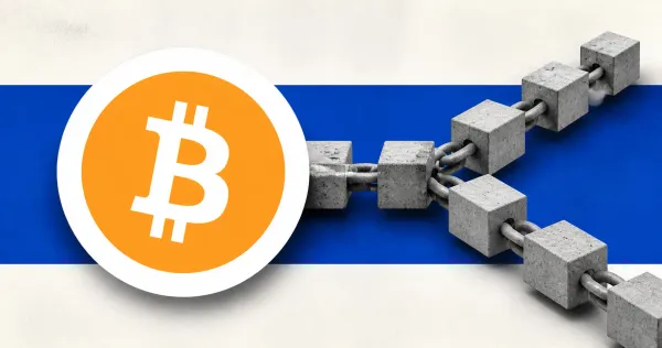 Large official orange Bitcoin logo on a white plaque beside a greyscale unbranded concrete blockchain splitting into two paths across cobalt-blue editorial panels.