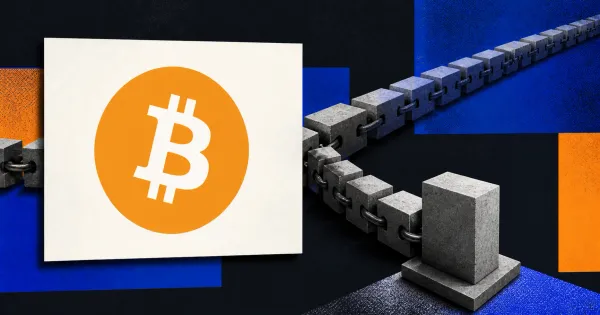 Large official orange Bitcoin logo on an off-white plaque beside an unbranded greyscale concrete blockchain splitting into two paths across cobalt-blue and orange editorial panels.