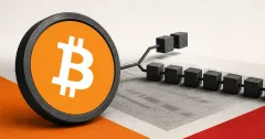 Large official orange Bitcoin logo on a charcoal plaque beside a greyscale unbranded forked block ledger, with a two-block branch and a longer continuing branch on off-white, orange and red editorial panels.