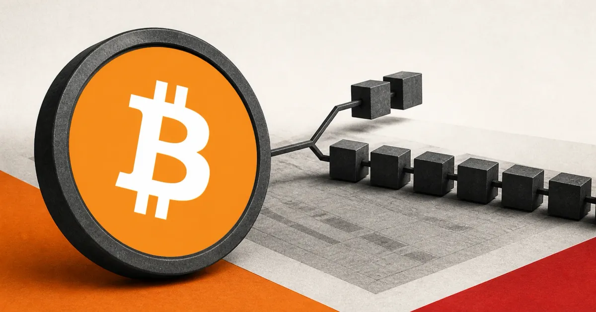 Large official orange Bitcoin logo on a charcoal plaque beside a greyscale unbranded forked block ledger, with a two-block branch and a longer continuing branch on off-white, orange and red editorial panels.