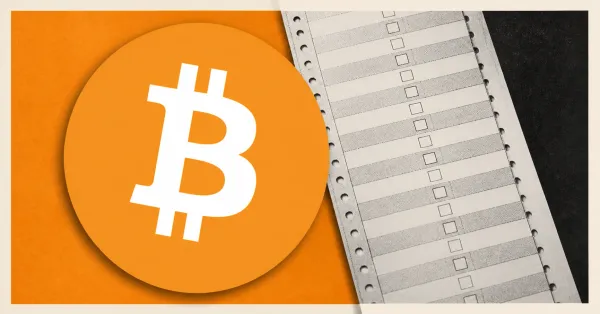 Large official orange Bitcoin logo beside a greyscale unbranded block-status ledger on an orange, off-white and charcoal editorial background.