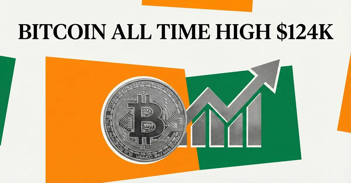Bitcoin hits $124K all time high cover with silver BTC coin and rising green chart arrow