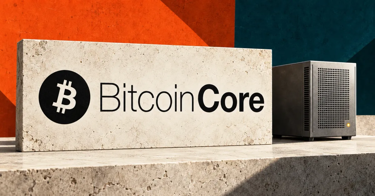 One large official black Bitcoin Core symbol and wordmark on an ivory stone sign beside an unbranded greyscale node computer, against orange and deep petrol panels.
