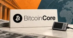 Large official black Bitcoin Core emblem and wordmark on an off-white stone sign beside an unbranded greyscale offline signing device, against orange and slate-teal editorial panels.