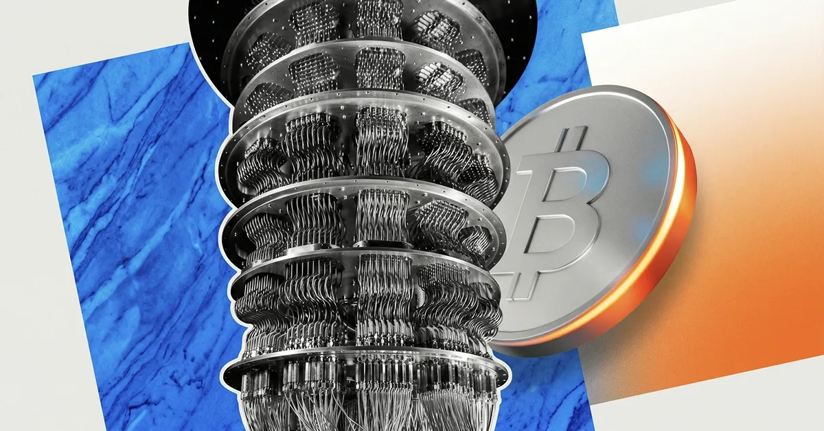 A quantum computing machine beside a Bitcoin coin, illustrating the potential impact of quantum technology on Bitcoin security and the future of cryptographic systems