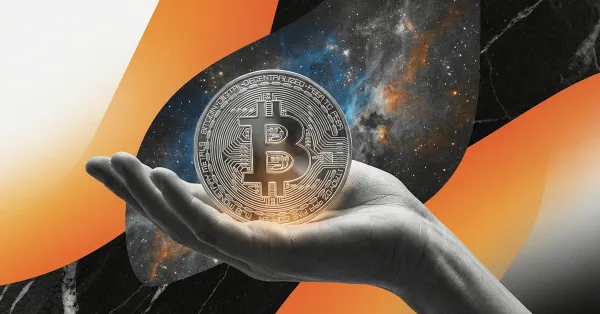 A hand holding a glowing Bitcoin coin against a cosmic galaxy backdrop, symbolizing Bitcoin’s global reach, digital scarcity, and its role as a borderless store of value in the modern financial system
