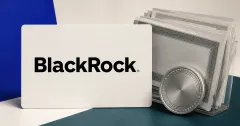 Large official BlackRock wordmark on a white institutional fund card beside a greyscale unbranded Bitcoin ETF creation basket and ledger on blue, teal and off-white editorial panels.