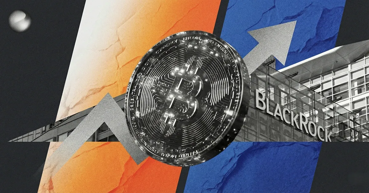 Bitcoin coin in front of BlackRock headquarters with upward arrows on blue and orange blocks, illustrating bullish Bitcoin ETF momentum