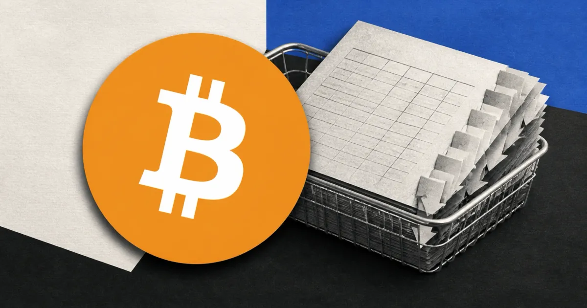 Large official orange Bitcoin logo beside a greyscale unbranded ETF redemption basket and blank withdrawal ledger on off-white, cobalt and charcoal editorial panels.