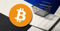 Large official orange Bitcoin logo beside a greyscale unbranded redemption basket and blank withdrawal ledger on off-white, cobalt and charcoal editorial panels.