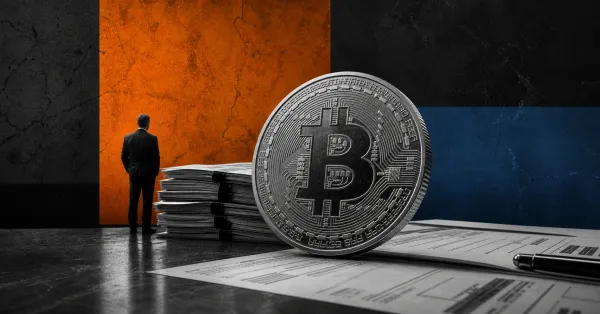 Editorial grayscale Bitcoin coin beside treasury papers and an executive silhouette on dark orange and blue panels, illustrating ETF outflows and corporate Bitcoin sales