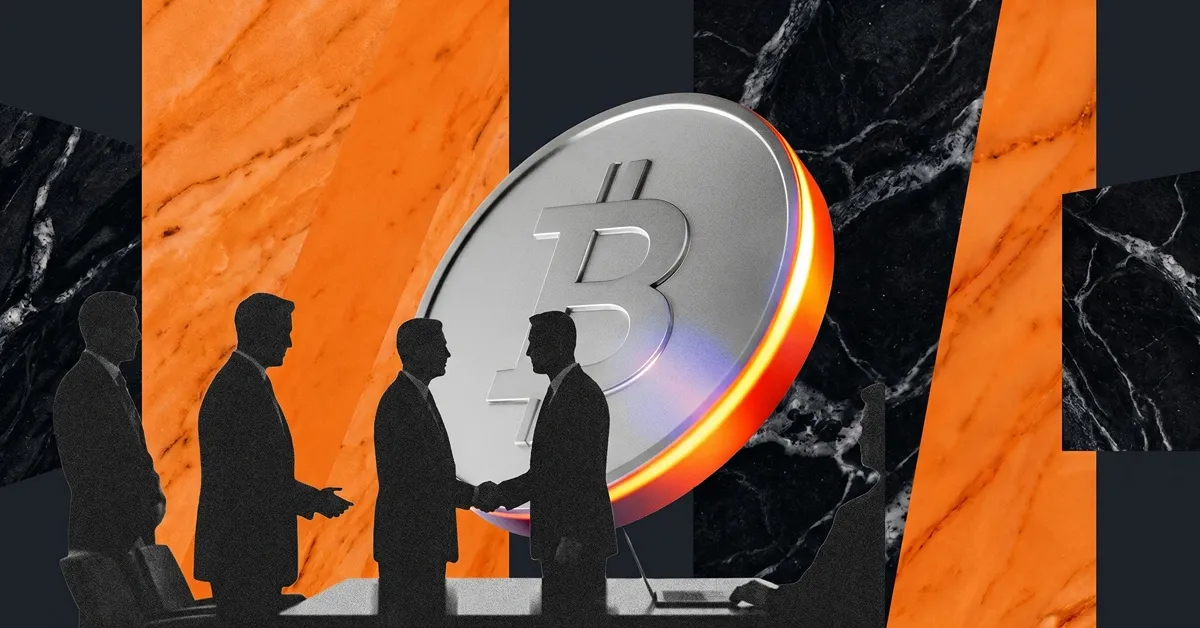 Silhouetted business executives shaking hands beside a large Bitcoin coin representing institutional Bitcoin deals, corporate crypto partnerships, and BTC investment agreements