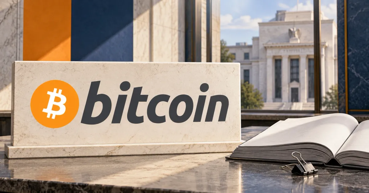 Large official orange Bitcoin emblem and dark grey italic bitcoin wordmark on an off-white stone desk sign beside an unbranded greyscale open ledger and binder clip, with orange and slate blue panels and an institutional building behind.