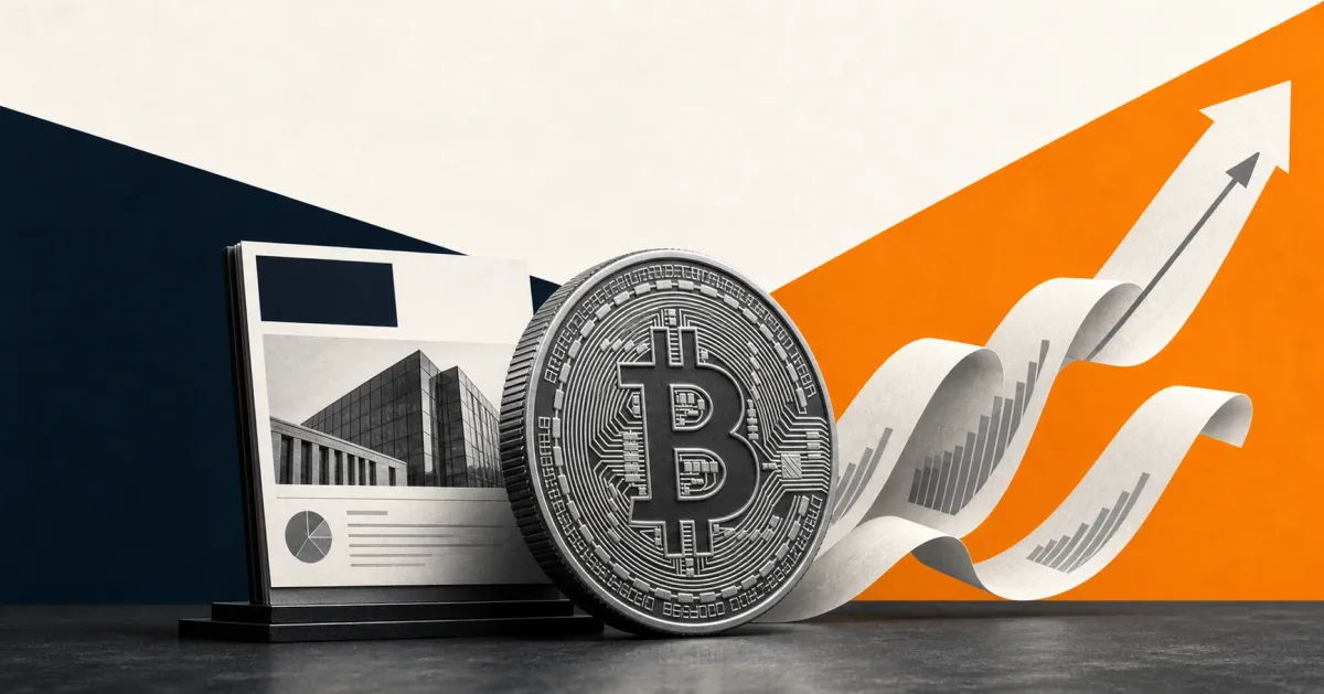 Greyscale Bitcoin coin and institutional ETF portfolio sheet on navy, orange and off-white editorial panels, illustrating spot Bitcoin ETF inflows.