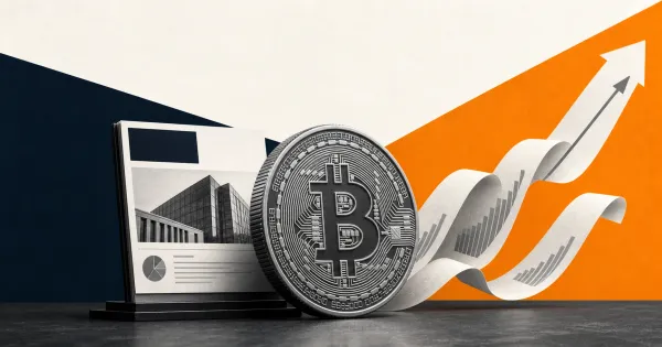Greyscale Bitcoin coin and institutional ETF portfolio sheet on navy, orange and off-white editorial panels, illustrating spot Bitcoin ETF inflows.