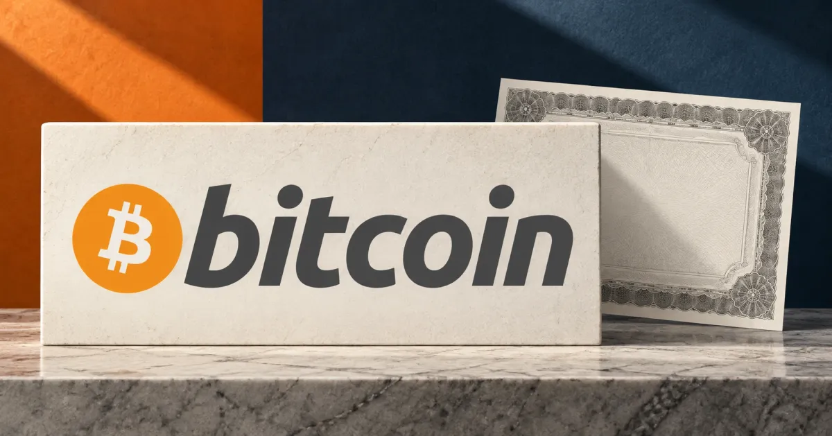 Large official orange Bitcoin emblem and charcoal bitcoin wordmark on an off-white stone plaque beside an unbranded greyscale fund share certificate, against orange and slate-blue panels.