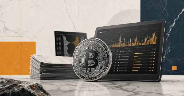 Greyscale Bitcoin coin and exchange deposit dashboard with whale-sized transfer receipts on amber, slate and off-white editorial panels.