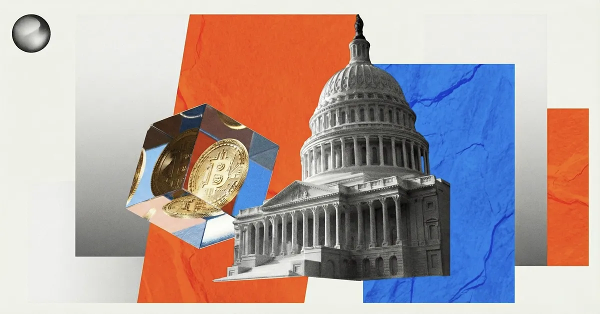 A U.S. Capitol policy backdrop with a bitcoin symbol, illustrating a House bill proposal to accept federal tax payments in BTC and change capital gains treatment for the payment.