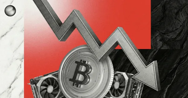 Bitcoin coin over crypto mining hardware with a sharp downward arrow on a red backdrop, illustrating a Bitcoin price drop and miner pressure