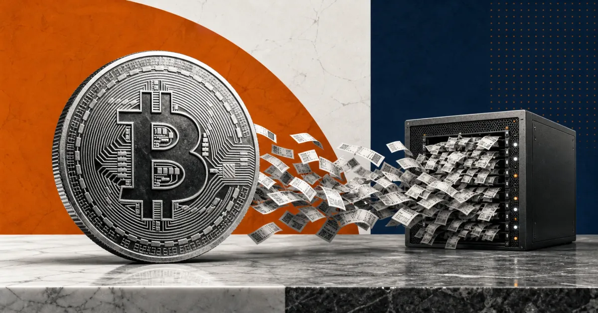 Large greyscale Bitcoin coin beside a server overflowing with tiny transaction receipts on orange and navy editorial panels.