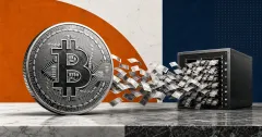 Large greyscale Bitcoin coin beside a server overflowing with tiny transaction receipts on orange and navy editorial panels.