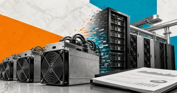Greyscale Bitcoin mining machines transforming into AI server racks on orange and cyan editorial panels, with a financial report on a desk.