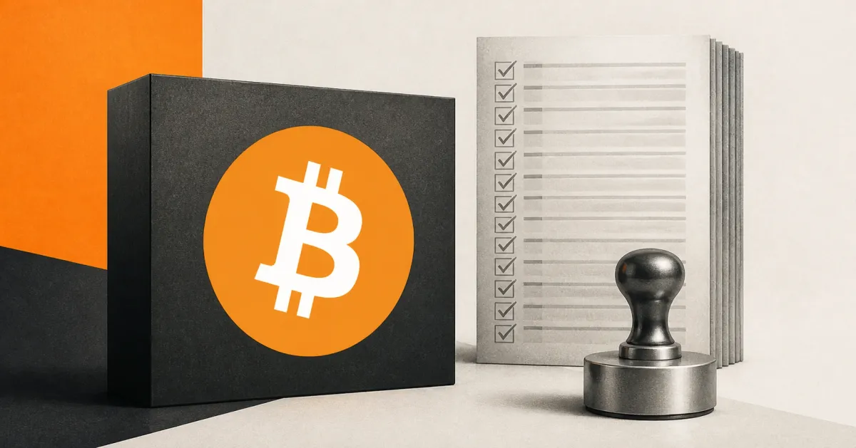 Large official orange Bitcoin logo on a charcoal block beside a greyscale unbranded block-validation ledger and metal stamp on off-white and orange editorial panels.
