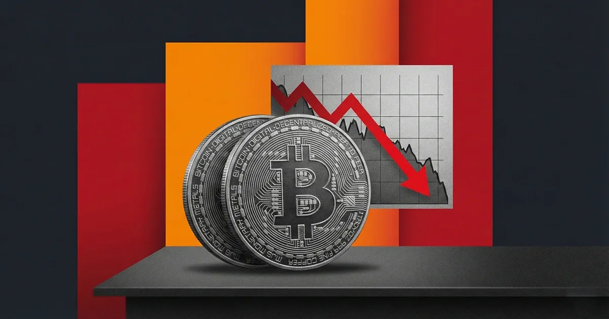 Bitcoin price drop illustrated by silver BTC coins in front of a red downward chart arrow on dark blocks