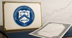Large official U.S. Department of the Treasury seal on a cream government plaque beside an unbranded greyscale long-dated bond certificate and faint market lines.