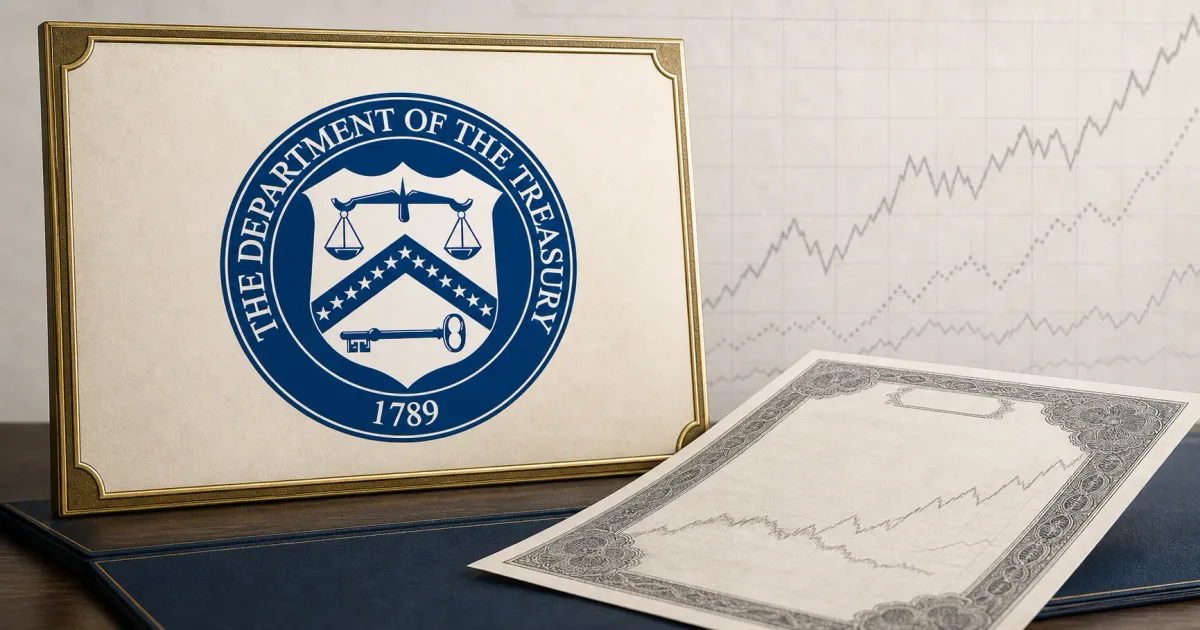 Large official U.S. Department of the Treasury seal on a cream government plaque beside an unbranded greyscale long-dated bond certificate and faint market lines.