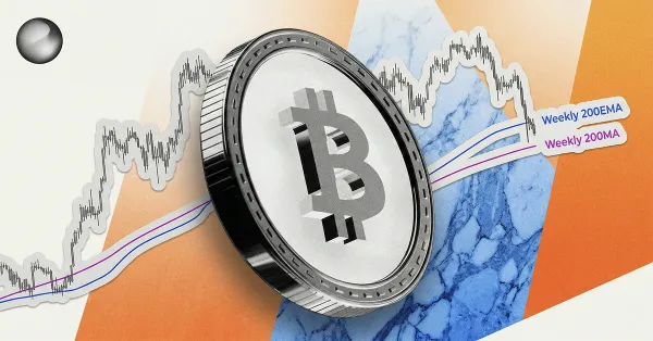 Bitcoin coin in front of price chart with weekly 200 EMA and 200 MA indicators, illustrating BTC technical analysis and crypto market trends