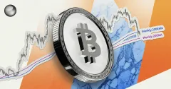 Bitcoin coin in front of price chart with weekly 200 EMA and 200 MA indicators, illustrating BTC technical analysis and crypto market trends