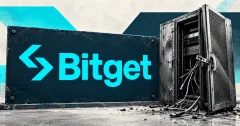 Large official cyan Bitget exchange logo on a dark plaque beside an unbranded, open greyscale server enclosure with loose cables.