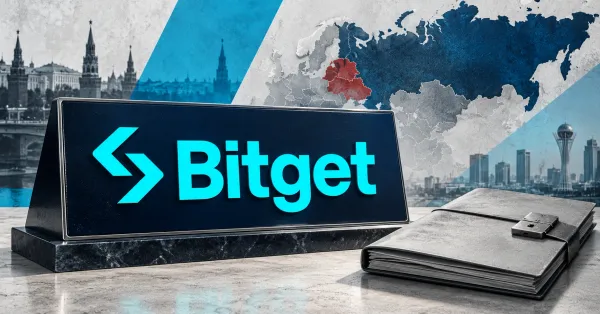 Large official cyan Bitget symbol and wordmark on a navy desk sign beside a smaller unbranded greyscale account folio with a metal clasp, against subdued regional map and city imagery.