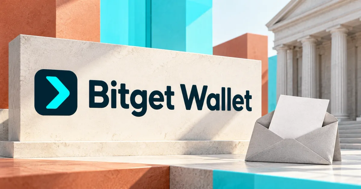 Large official single-arrow Bitget Wallet logo and navy wordmark on an ivory stone sign beside a greyscale envelope and blank transfer slip, with cyan and terracotta panels and an unbranded bank facade.