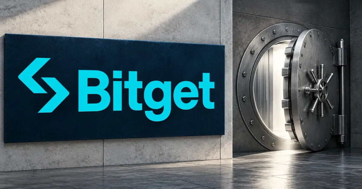 Large official cyan Bitget exchange symbol and wordmark on a navy sign beside a smaller unbranded greyscale vault door standing slightly ajar.