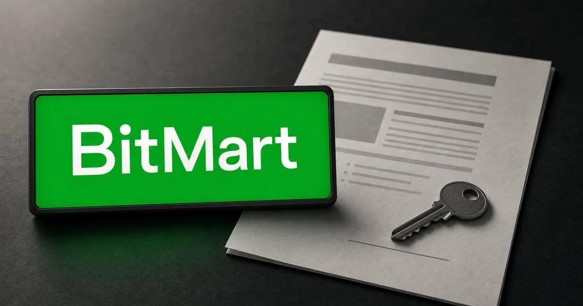 Large official BitMart wordmark on a vivid green sign beside a greyscale withdrawal settlement document and physical key on an editorial desk.