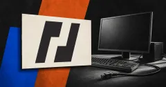 Official black BitMEX logo on a large off-white plaque beside a greyscale blank trading workstation and unplugged cable on blue, orange and charcoal editorial panels.