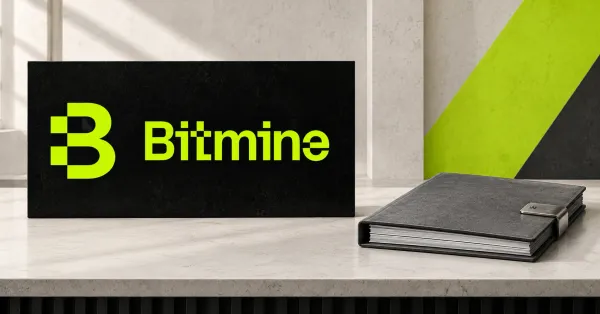 Large official neon-lime Bitmine logo on a black desk sign beside an unbranded greyscale closed treasury folio with a metal clasp, against off-white, lime and charcoal architectural panels.