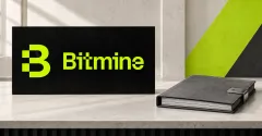 Large official neon-lime Bitmine logo on a black desk sign beside an unbranded greyscale closed treasury folio with a metal clasp, against off-white, lime and charcoal architectural panels.