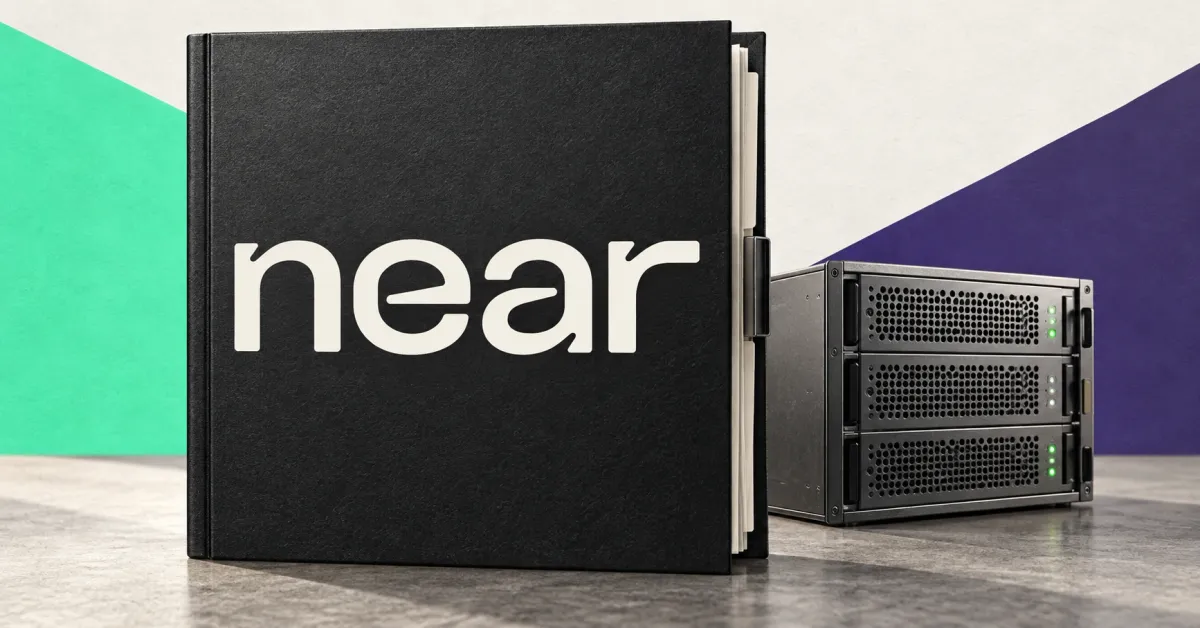 Large official off-white lowercase near wordmark on a charcoal investment-document folio beside an unbranded greyscale validator server, against mint green and violet panels.