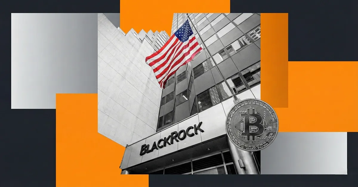 BlackRock headquarters with US flag and a Bitcoin coin over orange and gray blocks for Bitcoin ETF market coverage