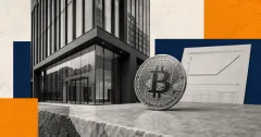 Greyscale institutional asset manager facade, bitcoin coin and options contract sheet on blue and amber editorial panels for BlackRock's BITA Bitcoin income ETF