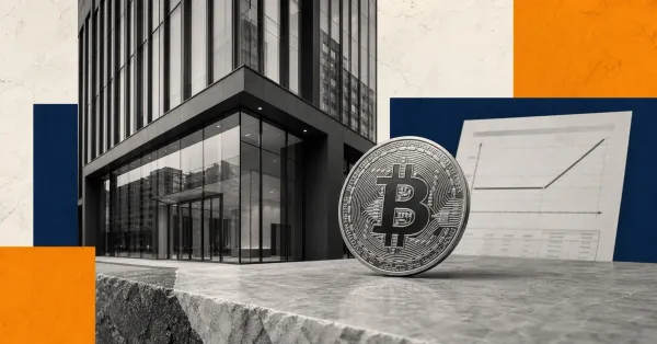 Greyscale institutional asset manager facade, bitcoin coin and options contract sheet on blue and amber editorial panels for BlackRock's BITA Bitcoin income ETF