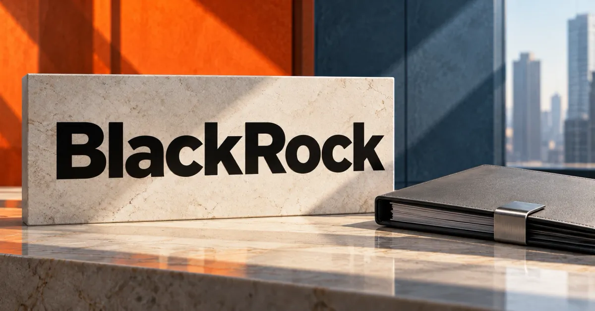 One large official black BlackRock wordmark on an off-white limestone sign beside a smaller unbranded greyscale contract folder with a steel clasp, against orange and slate-blue panels.
