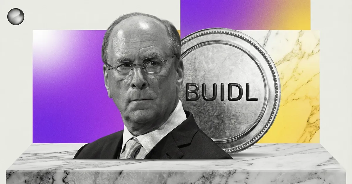 Larry Fink portrait with a “BUIDL” token coin in the background, symbolizing BlackRock’s involvement in tokenization, digital assets, and blockchain investment initiatives