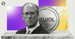 Larry Fink portrait with a “BUIDL” token coin in the background, symbolizing BlackRock’s involvement in tokenization, digital assets, and blockchain investment initiatives