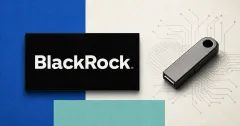 A large official BlackRock wordmark on a black plaque beside a greyscale Bitcoin hardware security device and a restrained quantum-computing circuit on blue, teal and off-white editorial panels.