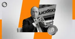 Larry Fink speaking in front of BlackRock headquarters with a Bitcoin coin on an orange and gray backdrop, illustrating BlackRock’s role in the Bitcoin ETF market